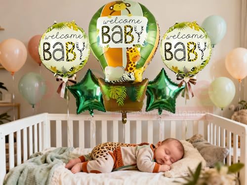 Image of Propsicle Jungle Safari Animal Theme Welcome Home Baby Hot Air Foil Balloons (Set of 5 pcs.) | Jungle Animal Theme Decorations for Baby Showers & Newborn Celebrations