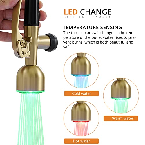 Image of Fapully Commercial Kitchen Faucets with Pull Down Sprayer Brushed Gold LED