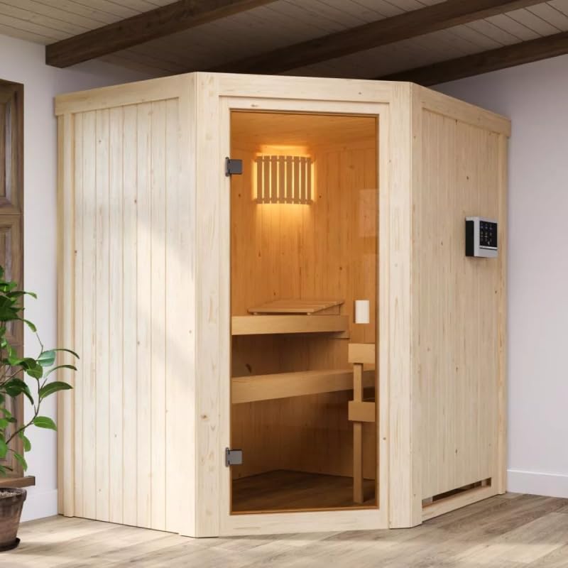 Karibu Sauna d'Angle Traditionnel Faurin | 2-3 Places, Bois Massif 68mm, Poêle 9kW Inclus | Porte...
