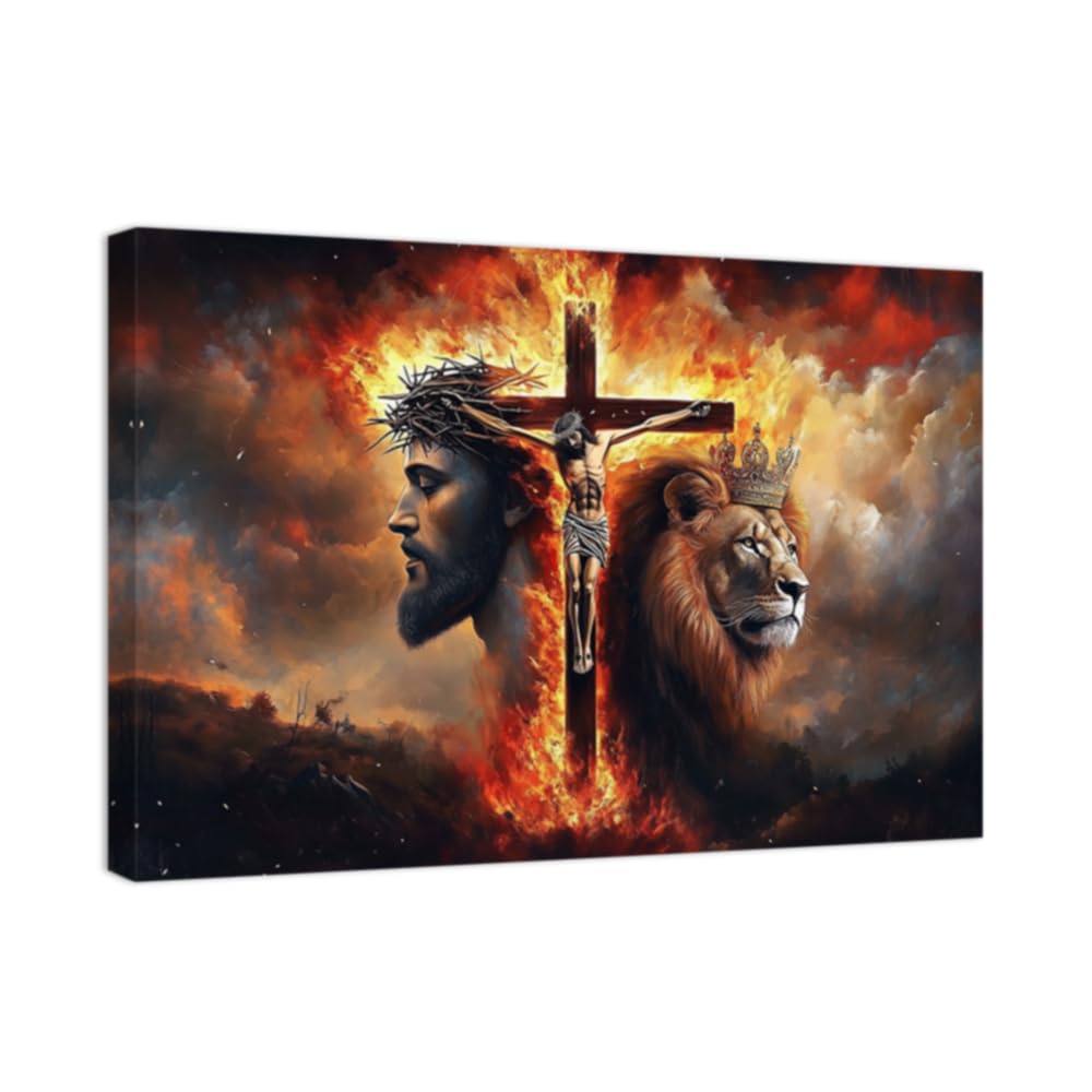 ZQQART Jesus Canvas Wall Art Christian Religious Picture Catholic Cross Painting Prints Home Church Prayer Room Wall Decor Framed(Orange,18L x 12W)