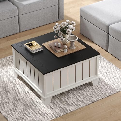 VONLUCE Farmhouse Coffee Table with Hidden Storage Compartments, 31.5 in Rustic Coffee Table with Hinged Flip Tops, Modern Square Center Table for Living Room Meeting Room, White & Black