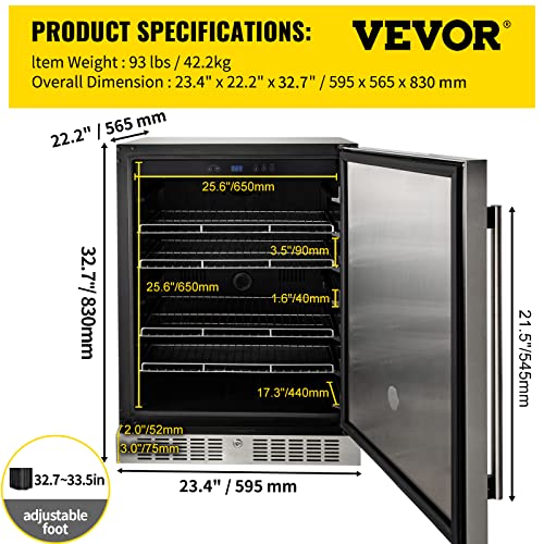 Vevor 24'' Built-In Beverage Cooler, 5.3 Cu.ft. Stainless Steel Beverage Refrigerator W/Embraco Compressor, 142 Can Beer Fridge For Home Bar Office Outdoor Indoor Use, 150L, Black & Silver #TOP6