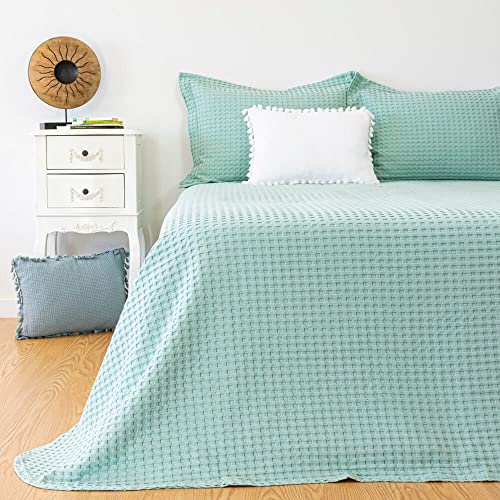 Casa da Laura - Colcha Verde Agua para Camas 180/200 - 280 x 260 cm - Elegante Patrón de Waffle - 100% Algodón Prelavado
