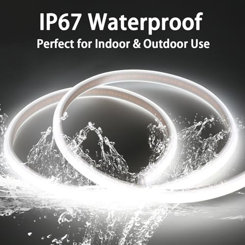 Image of COB LED Strip Lights 32.8 ft Waterproof IP67 110 Volt Outdoor Lights Strip 10m LED Lights Cuttable 320LEDs /m 6000K Cold White with US Plug Indoor Rope Lights for Bedroom Ceiling Kitchen Cabinet Mirror