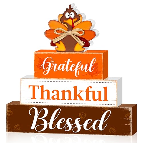 Fall Wooden Table Sign,Thanksgiving Turkey Wooden Blocks Table Decor, Blessed Grateful Thankful Tabletop Signs Farmhouse,Autumn Thanksgiving Harvest Home Kitchen Shelf Decor