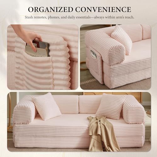 Image of Boneless Couch Futon Sofa Bed Sectional Couches for Living Room,Cloud Couch with Sleeper Sofa,Sofas for Living Room Oversized Corduroy Upholstered (Pink, 81 Inches (with Iron Frame))