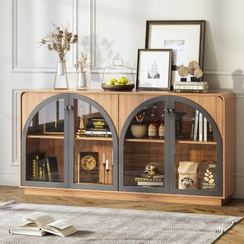 Image of Sideboard Buffet Cabinet with Storage, 68 inch Black Credenza Accent Cabinet Buffet Table w /4 Arched Glass Doors & LED Light, Modern Coffee Bar Liquor Cabinet w /2 Shelves for Kitchen Entryway