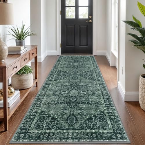 KOZYFLY Boho Runner Rug 3x8 Ft Washable Hallway Rug Faux Wool Printed Long Floor Carpet for Entryway Bedroom Kitchen Living Room Indoor Soft Durable Design, Dark Green