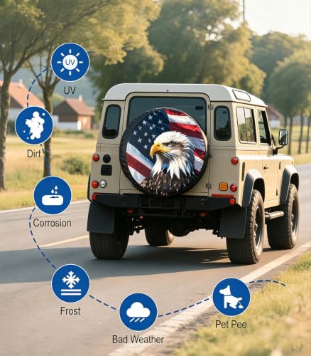 Image of RV Spare Tire Cover 15in with American Eagle USA Flag Universal Fit | Waterproof PVC Leather for Trailer Truck SUV Wrangler Camper Motorhome Accessories Vehicle Wheel Cover Sun Dust Protection