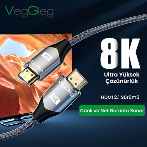 VegGieg 8K 60Hz 4K 120Hz 48 Gbps HDR ARC HDCP Örgülü HDMI 2.1 Kablo 1.5 Metre - Görsel 3