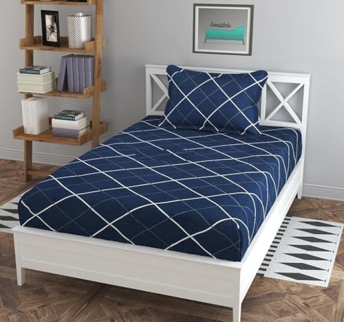 Image of Elastic Fitted Glace Cotton Single Bed (72x48x Upto 6 Inches) Bedsheet for with 1 Pillow Covers-200TC (Blue Line)