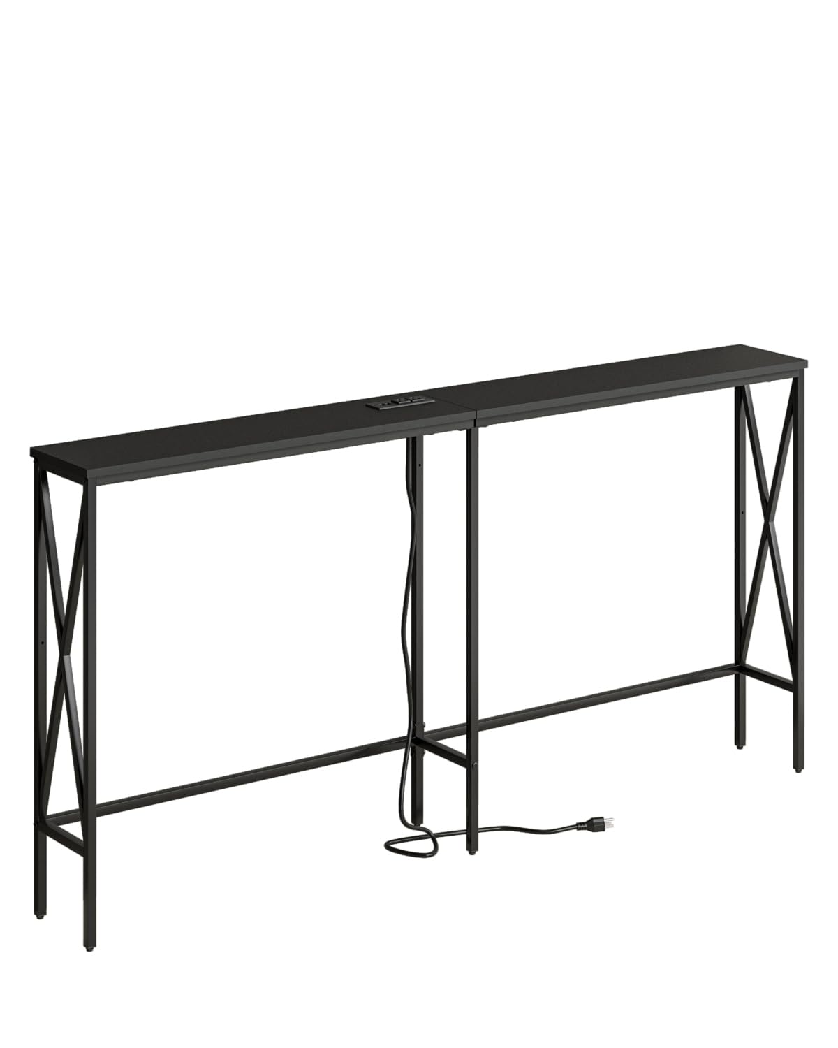 Masupu 63" Console Table with Power Outlet, Modern Narrow Long Sofa Table Behind Couch, Skinny Entry Table, Industrial Sofa Table with Metal Frame for Hallway, Living Room, Classic Black