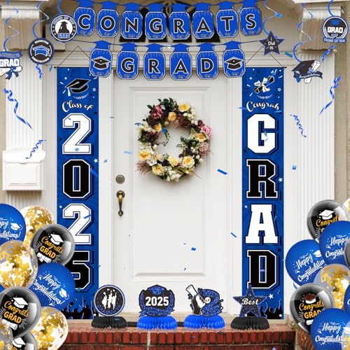 Image of Graduation Decorations 2025 Set Grad Party Supplies with Congrats Grad Banner, Class of 2025 Backdrop, Balloons & Streamers Kit, Foil Number 2025, Honeycomb, Porch Sign for Graduation Decor Blue