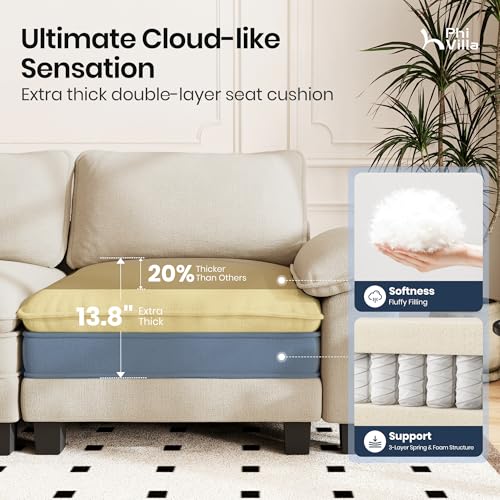 Image of PHI VILLA Cloud Modular Couch Sets, 123.6 inch Sectional Sofa with L-Shaped Chaise, 4-Seater Upholstered Couches with Movable Ottoman for Living Room, Chenille Fabric, Beige