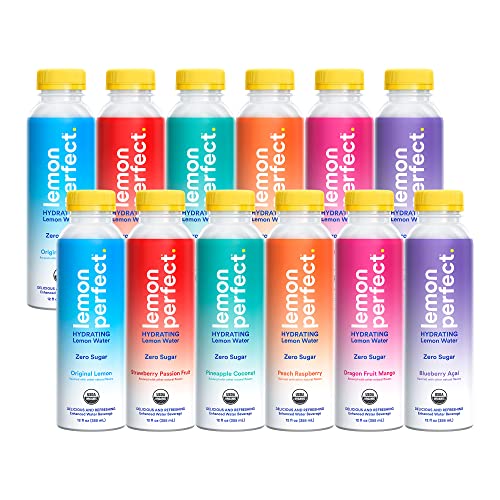 Lemon Perfect, Hydrating Organic Lemon Water, Zero Sugar, Flavored Water, Squeezed from Real Fruit, Plastic Neutral, No Artificial Ingredients, 6-Flavor Variety Pack (12oz Bottles) 12pk