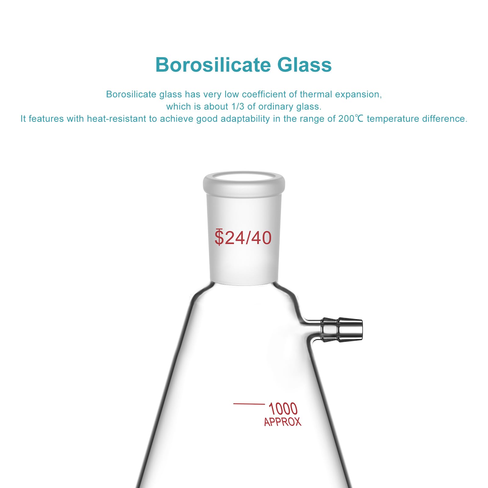 stonylab Filterkolben mit 24/40 Standard Kegel Außengelenk, Schwerwand Borosilikatglas Filterkolben, Bolzenhals mit Tubulation, 1000 ml