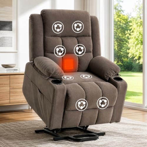 Image of Power Lift Recliner Chair for Elderly Adults with Massage and Heat, Fabric Electric Recliner Sofa with Side Pocket, Two Cup Holders for Living Room L9912 (Brown)