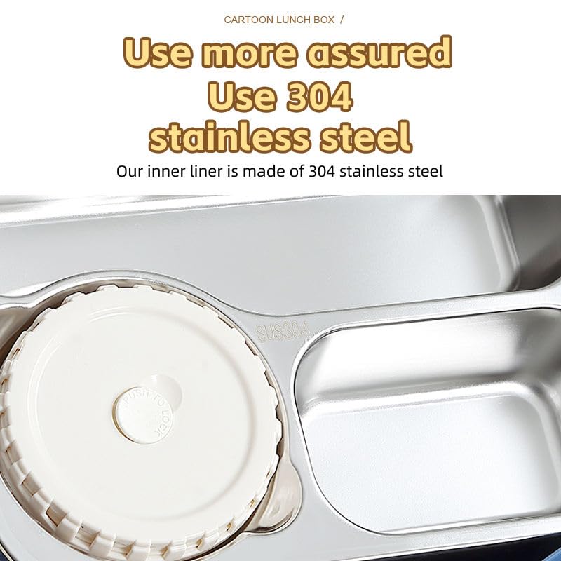 Image of 3 Compartment SUS304 Stainless Steel Lunch Box with Sauce Cup & Cutlery, Leak-Proof Partition Bento Box for School, Office & Travel