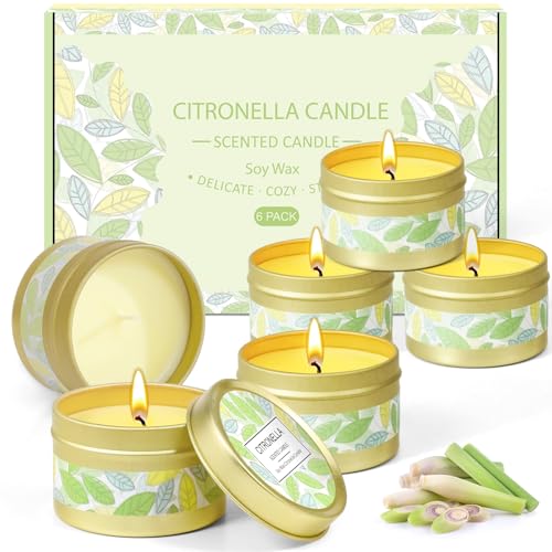 Scent-Hi Velas de Citronela para Exterior, Cera de Soja, Vela Citronela Jardín, 6 Velas Aromáticas en Lata Dorada para Interior, Camping, Hogar, Picnic, Fiestas
