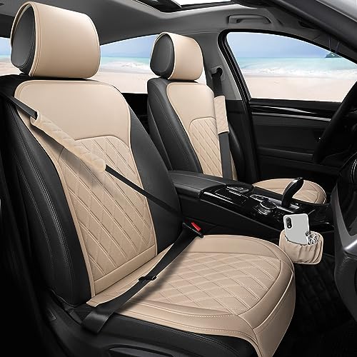 Image of Front Car Seat Covers - Leather Seat Covers with Storage Pocket and Two Belt Pads, Anti-Slip Waterproof Universal Seat Covers for Cars Fit Cars Trucks SUV(Beige,2 Pack)