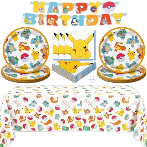 Pokemon Birthday Decorations Party Supplies for 16 - Officially Licensed Tablecloth Cake or Dessert Plates Napkins Sticker