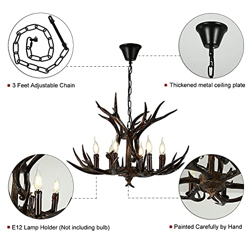 Rustic Antler Chandelier, Deer Horn Home Decoration Lighting, Coffee Black Color Antler Lamp, E12 Base 6 Lights Retro American Pendant Lights For Cafes, Living Rooms, Clothing Stores #TOP5