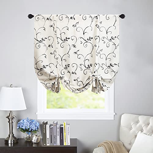 Vogol Tie Up Curtains For Windows, Gray Vines Embroidered Balloon Shades Rod Pocket Adjustable Window Treatment For Nursery Kitchen Farmhouse, 42X63, One Panel #TOP1