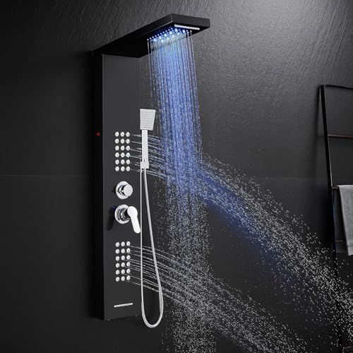 KINKIBOS Colonne de douche LED avec mixeur, 5 modes Colonne de douche : pluie et cascade, jets de massage corporel, pommeau et bec de bain, panneau de douche en acier...