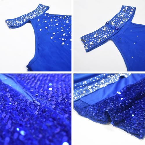 Image of Nagfar Women Sexy Elegant Rhinestone Beaded Halter Split Bodycon Long Dress Birthday Prom Club Night Outfits(SY1105-Blue-L)