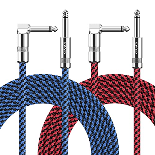 Image of 10FT 2 Pack Instrument Cable - Electric Guitar & Bass Guitar Cable with Right Angle Blue and Red 1 /4 Inch Connectors
