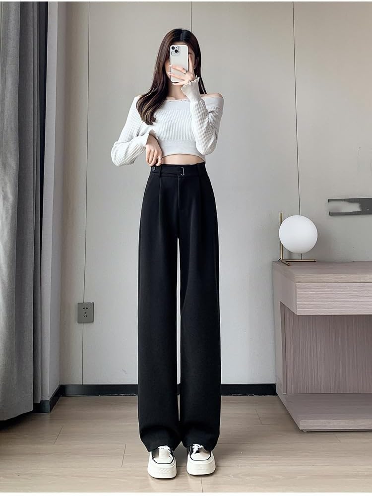 Women's Wool Loose Wide-Leg Pants, Autumn Winter Thickened Casual Straight-Leg