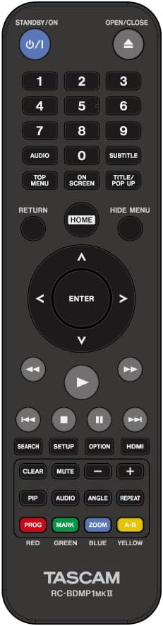 Front panel of the Tascam BD-MP1MK2 showing disc tray, display, and control buttons.