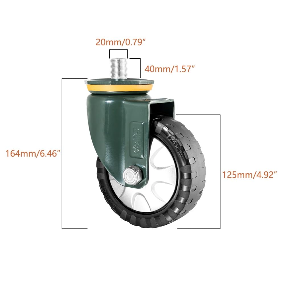 Gerrit 125mm Ruota con Perno Filettato per Carichi Pesanti, M20 Barra Filettata Metrica, Set di 4 Ruote Girevole Industriali Lisce e Silenziose, Ammortizzanti e Resistenti all'usura