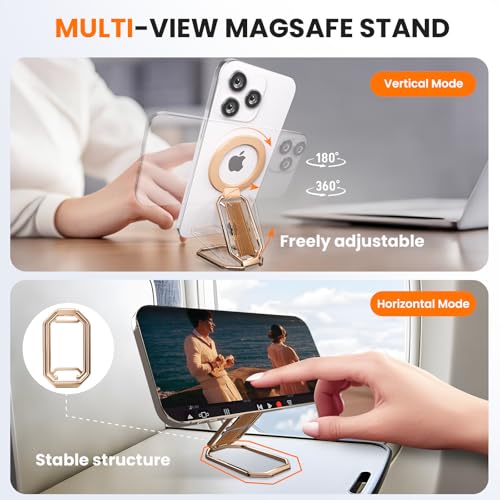 Image of Multi-Functional Magnetic Phone Grip Kickstand for MagSafe, Phone Holder for Hand, Foldable Ring Stand with Finger Loop Strap for Bedtime Scrolling & On-the-Go, Wireless Charging Compatible, Rose Gold