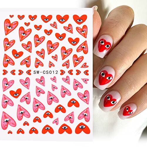 Valentine’s Day Nail Art Stickers Decals Pink Red Heart Eye Design Nail Stickers 3D Self-Adhesive Valentines Nail Art Supplies Holiday Cute Nail Polish Wrap Decals For Women Diy Nail Decor 6 Sheets #TOP3