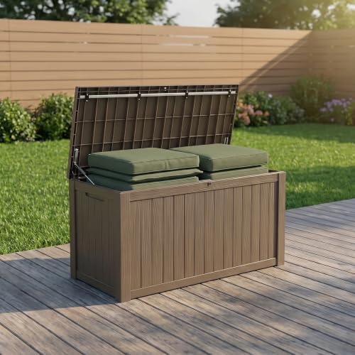Image of 185 Gallon Deck Box Outdoor Storage, Weatherproof Resin Patio Container for Cushions Garden Tools Pool Accessories, Lockable Lid with Handles, Bench Seat for Yard Patio Garage