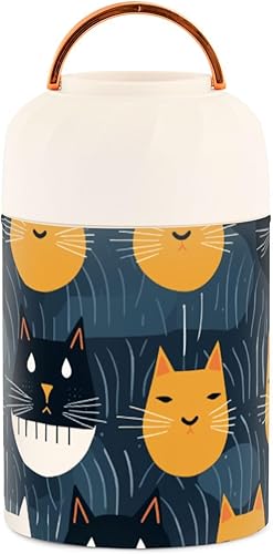 JUNZAN Black Yellow Cat Cartoon Kids Womens Insulated Food Jar with Spoon 17oz500ml Insulated Lunch Box Stainless Steel Vacuum Wide Mouth Storage