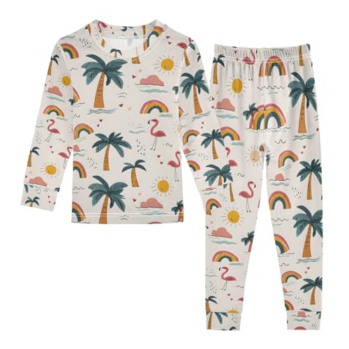 ALAZA Palm Tree Flamingo Sun Rainbow Pajamas Long Sleeve Sleepwear 2-Piece Pajama Set