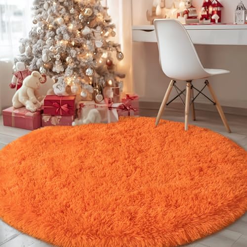 4ft Round Fluffy Rug for Bedroom Orange, Washable Non-Slip