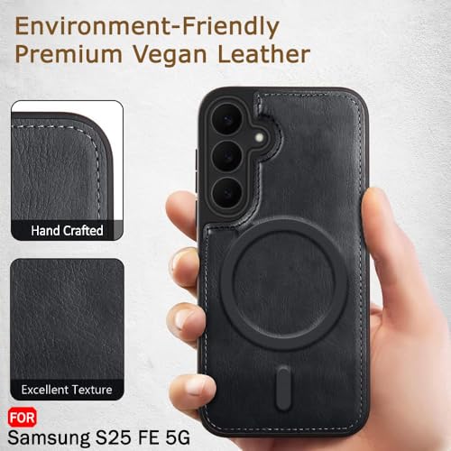 Image of TheGiftKart Genuine Leather Finish Back Cover Case for Samsung Galaxy S25 FE 5G | Raised Edges for Camera & Screen Protection | Shockproof Stunning Minimalist Design Cover (MagSafe Compatible, Black)