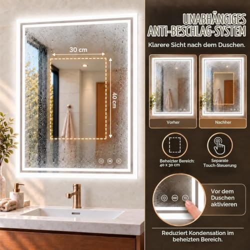 LUVODI LED Badspiegel mit Hintergrundbeleuchtung: 60x80 cm Badezimmerspiegel mit Licht Touch Schalter Beschlagfrei Dimmbar Bad… – Ansicht 5