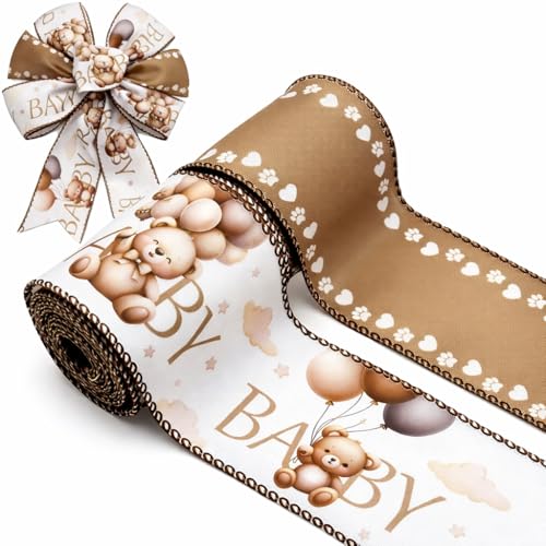 Dark Brown Baby Shower Wired Edge Ribbon Bear Paw Print Fabric Ribbon for Gift Wrapping Wreath Bows Diaper Cake DIY Crafts Baby Shower Party Decor 2 Rolls 10 Yard