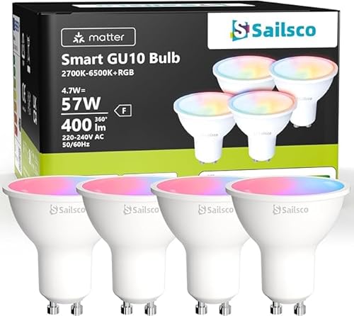 sailsco Ampoule Connectée Matter, Ampoule LED GU10 WiFi Intelligente Compatible avec Alexa et Smart Life, Multicolore RGB & 2700K-6500K,Dimmable,4.7W équivalent 57W,400LM,Commande Vocale,Lot de 4
