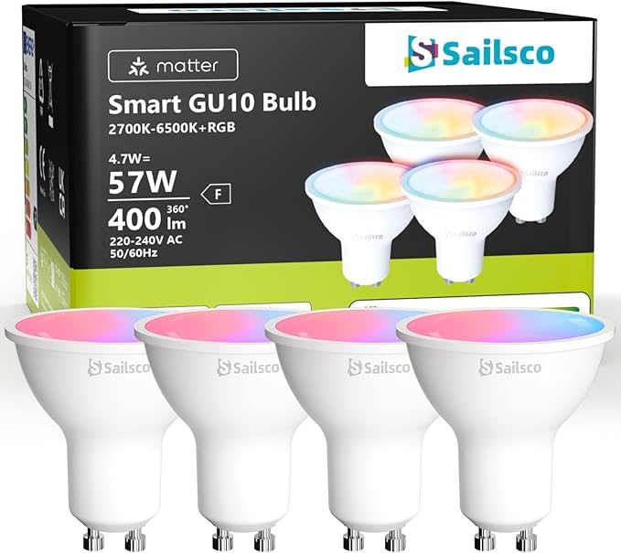 Sailsco Matter Lampadina WiFi GU10 Intelligente LED Smart,Compatibile con Alexa,Google Home,Smart Life, 4.7W(Equivalenti a 57 W),400LM,Dimmerabile RGB+2700K-6500K Lampadine Multicolore GU10,Pacco da 4