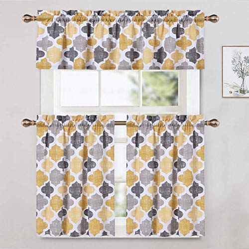 Caromio Valances For Windows, Geometric Quatrefoil Trellis Printed Cotton Blend Short Valance Curtains For Kitchen Cafe Bathroom Window Curtains, Yellow/Grey #TOP6