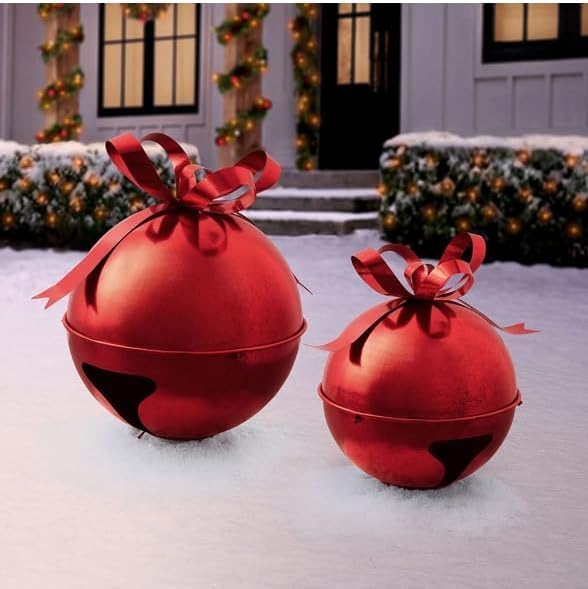 Oversized Christmas Bells Outdoor Décor Set of 2, Large and Medium Antique Jingle Bells with Stands, Giant Metal Bells for Indoor Outdoor Holiday Decoration, Nesting Design (Red)