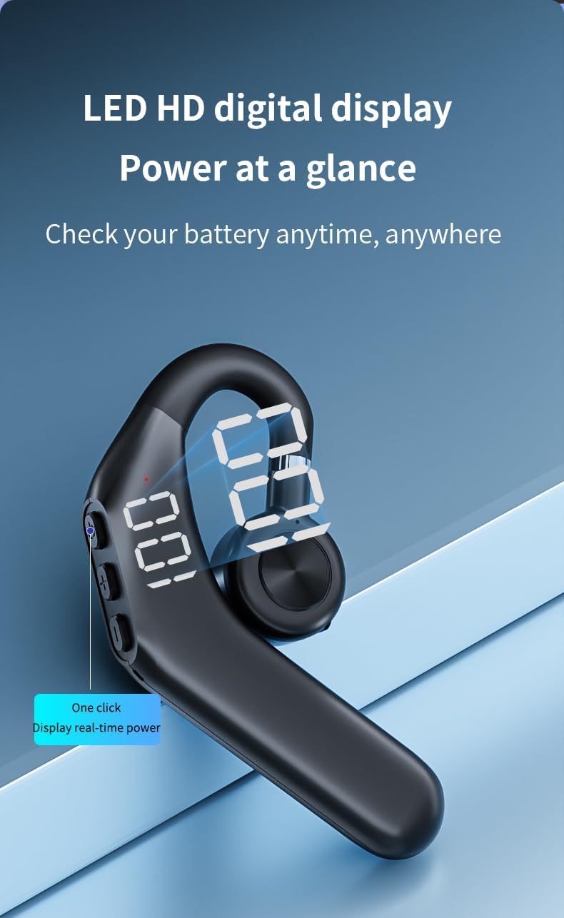 SELLWELLSingle Ear Bluetooth Headset, Noise Canceling Bluetooth Headphones with LED Digital Display, IPX5 sweatproof Ear Buds, Earphone for Work Running Gym Workout