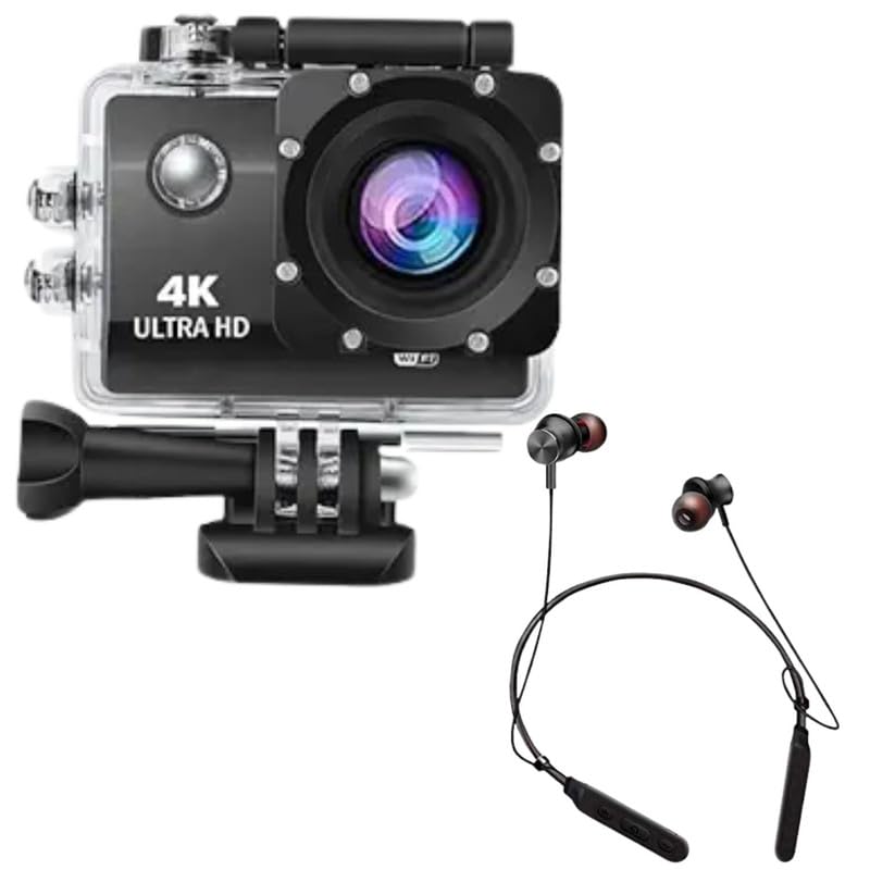 Drumstone Combo Pack of 2 Items- Touch Screen Sports Action Camera, 4K Waterproof Sport Camera,170 Degree Wide Angle WiFi HD Cam, 16MP with WR17 Wireless Bluetooth Earphone with Mic