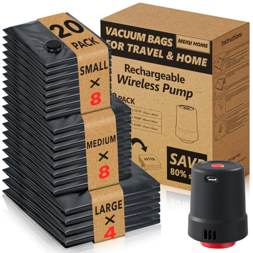 MEIQIHOME 20 Pack PackEase Travel Vacuum Bags 1800mAh Wireless Pump, 80% Compression Space Saver for Luggage, Clear PA+PE Reusable Seal Bags for Clothes, Portable Electric Air Pump for Travel & Home