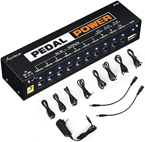 Asmuse Guitar Pedal Power Supply, 10 Isolated DC Output for 9V/12V/18V Guitar Bass Effects Pedals with Built-in USB Charging Port for Phone iPhone Pad iPad